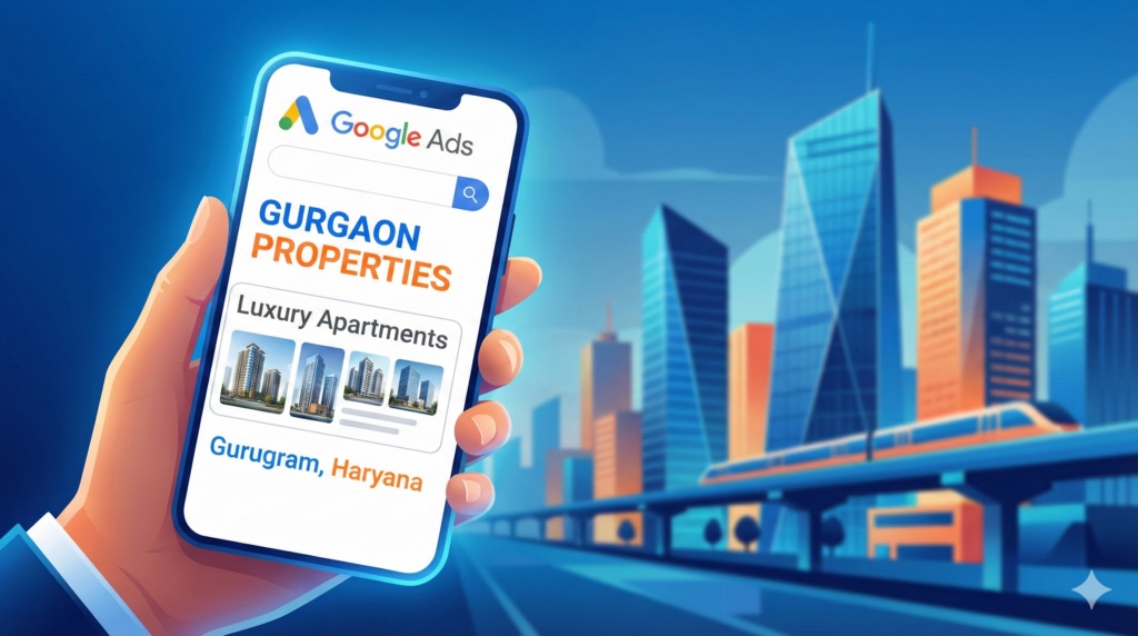 Google Ads for Gurugram, Haryana real estate properties on a mobile phone