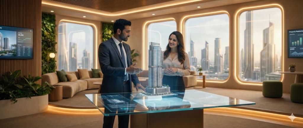 Real estate agent showing a digital property model to a client
