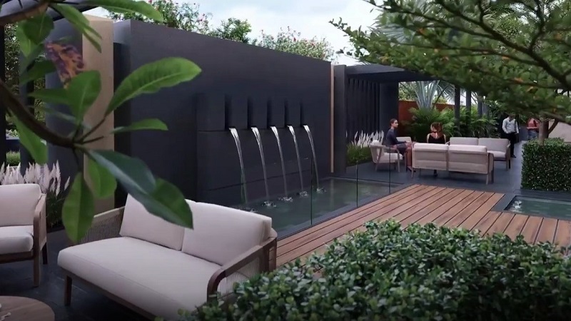 Eldeco Terra and Sol outdoor lounge with water feature render