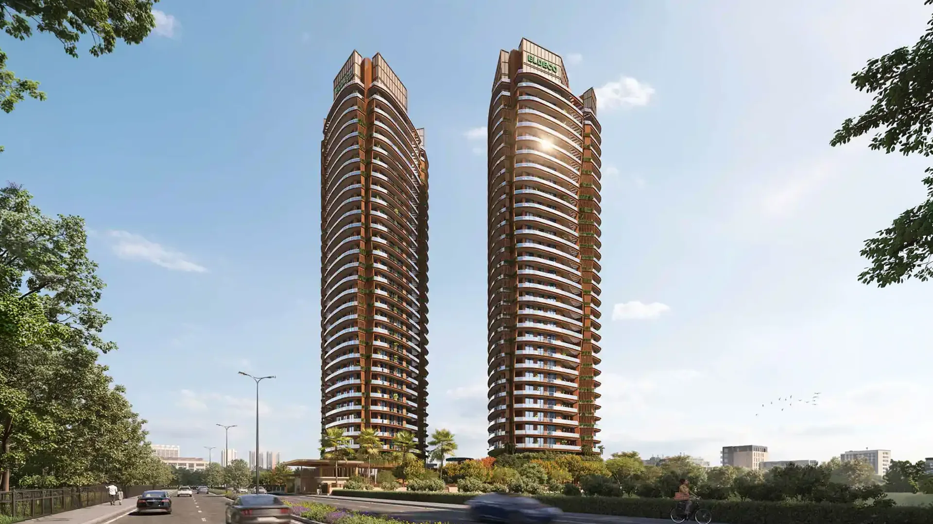 Eldeco Terra and Sol Sector 80 Gurgaon twin tower daytime facade render