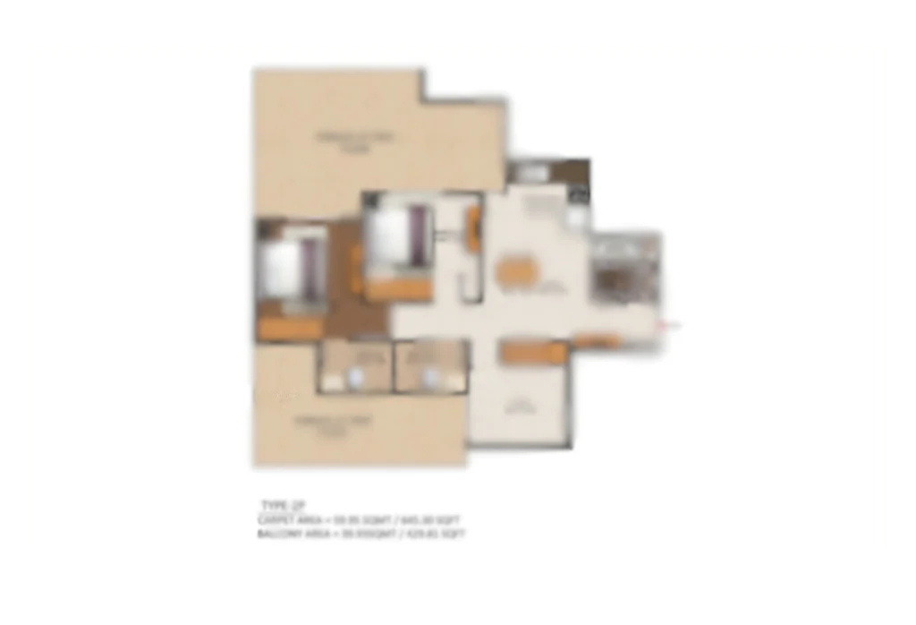 Ganga Nine Zero Type 2P floor plan showing separate carpet and balcony area