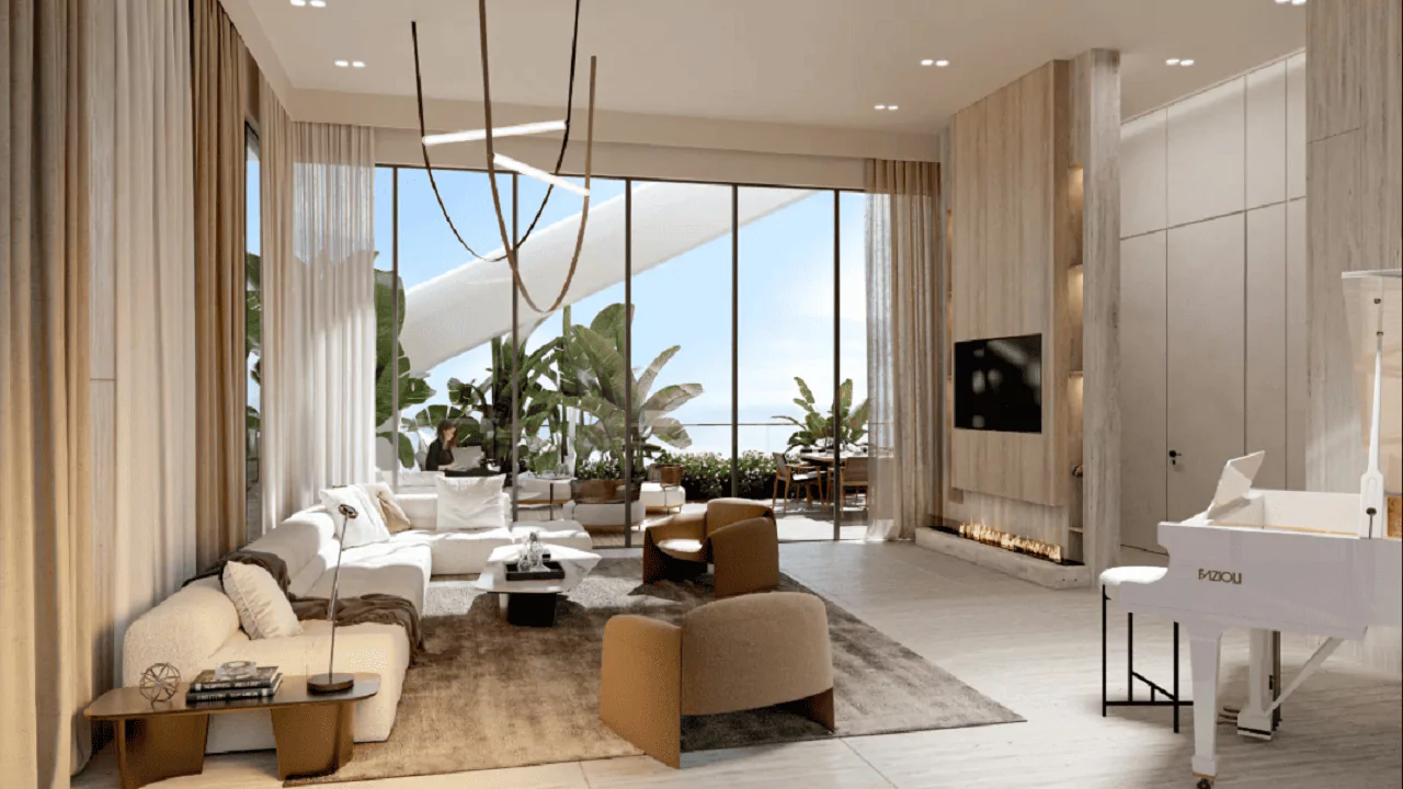 Ganga Nine Zero living room lounge interior render with grand piano