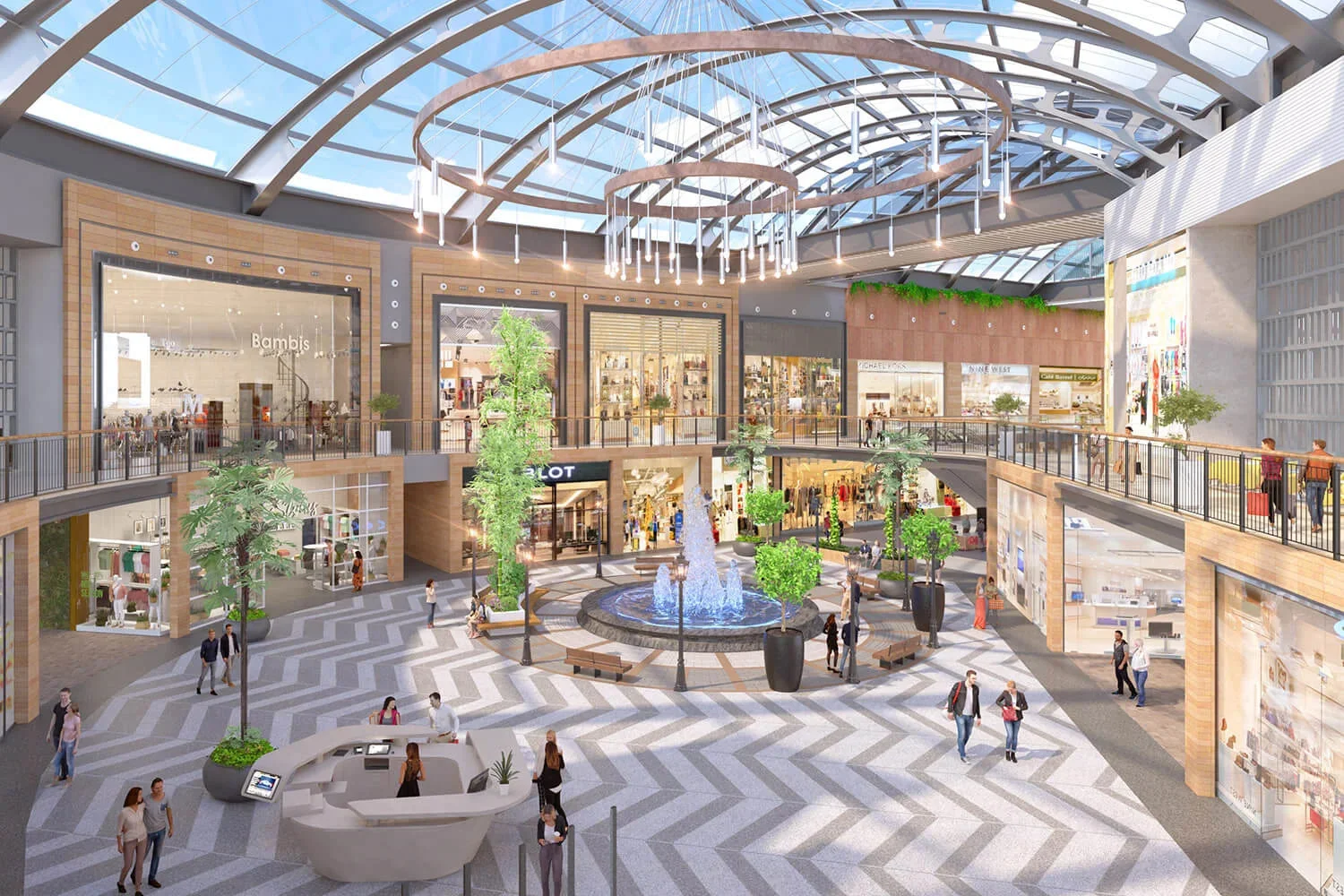 The Omaxe State central atrium render with fountain
