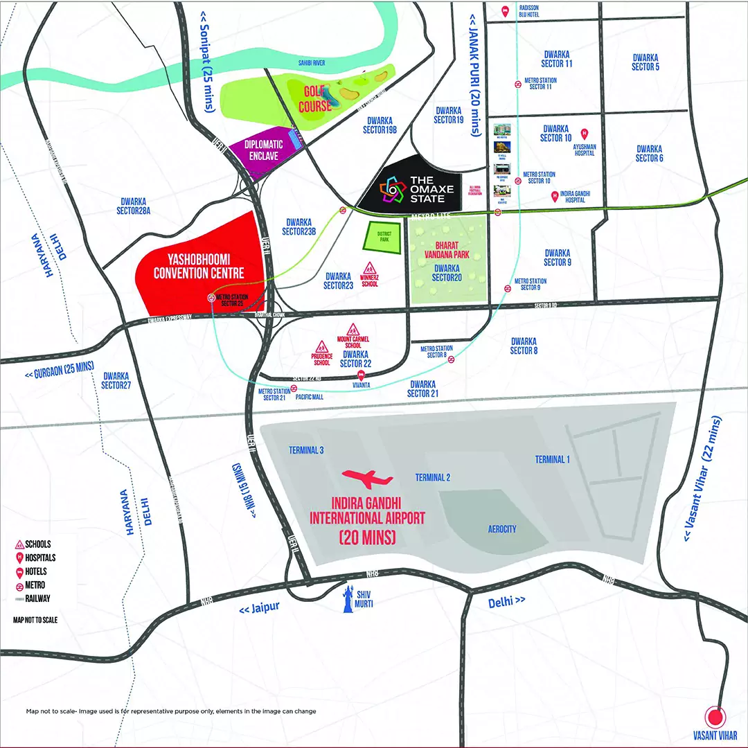 The Omaxe State Dwarka Sector 19B location map showing distance to IGI Airport, metro stations and nearby landmarks