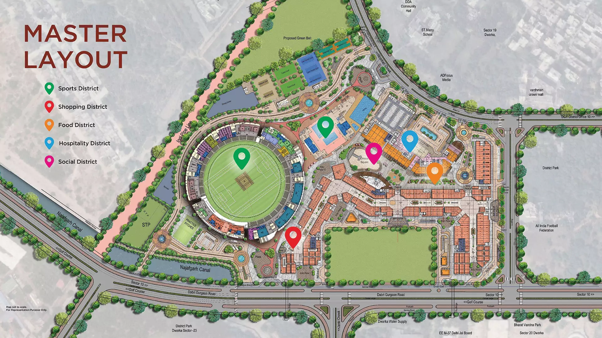 The Omaxe State master layout showing Sports, Shopping, Food, Hospitality and Social districts