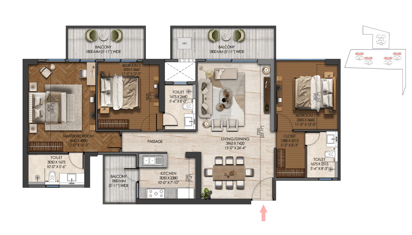 Tonino Lamborghini Residences 3 BHK floor plan with room dimensions