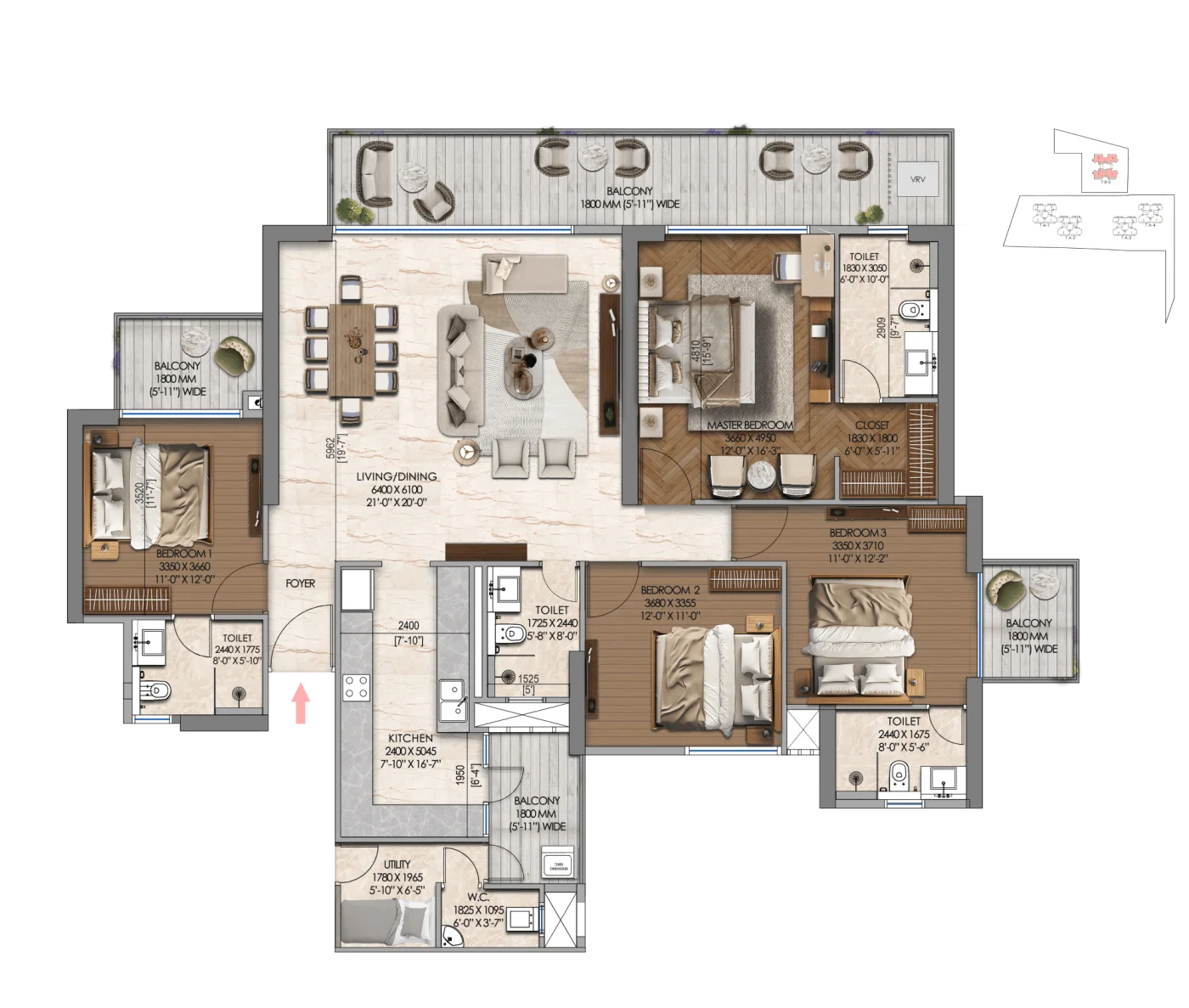 Tonino Lamborghini Residences 4 BHK plus Utility floor plan with room dimensions