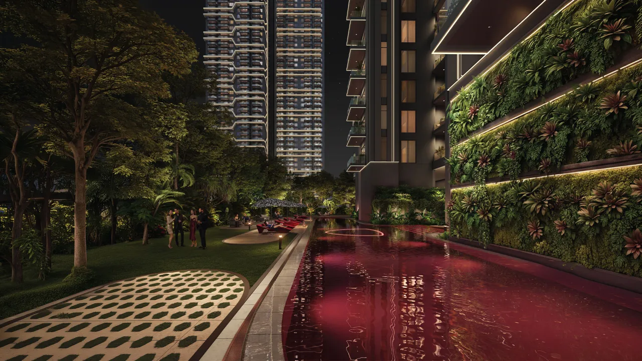 Tonino Lamborghini Residences signature red-lit lagoon pool render