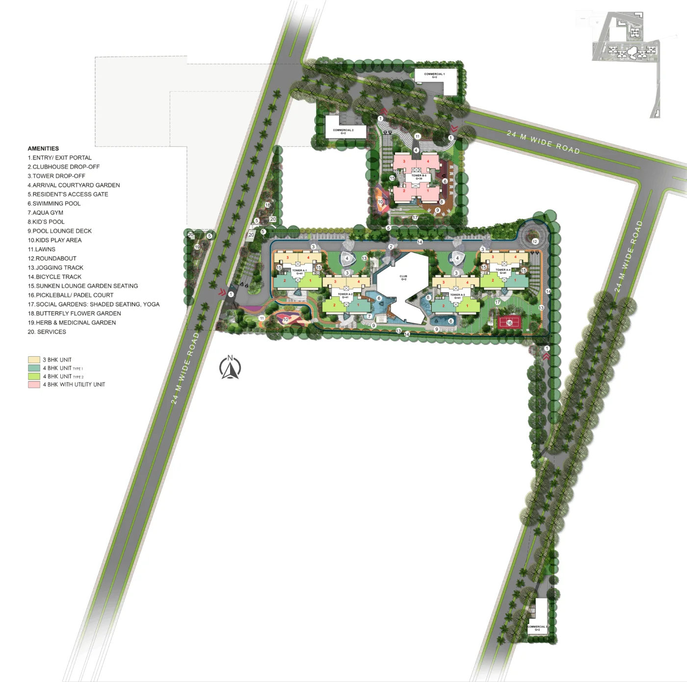 Tonino Lamborghini Residences master site plan showing 5 towers, 3 commercial blocks and amenity layout