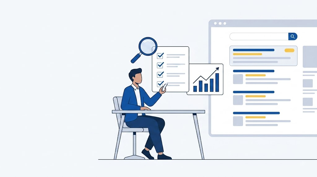 Illustration of a person reviewing an SEO provider evaluation checklist next to a rankings chart